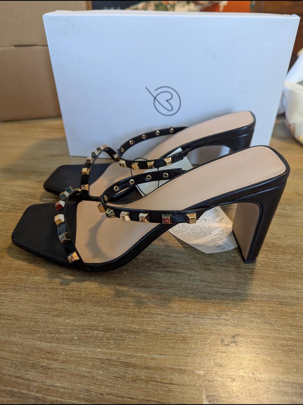 The Drop Studded Black Strappy High Heel Sandals